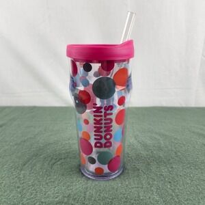 2016 Dunkin Donuts 20 Ounce Plastic Travel Tumbler With Straw Pink Polka Dots